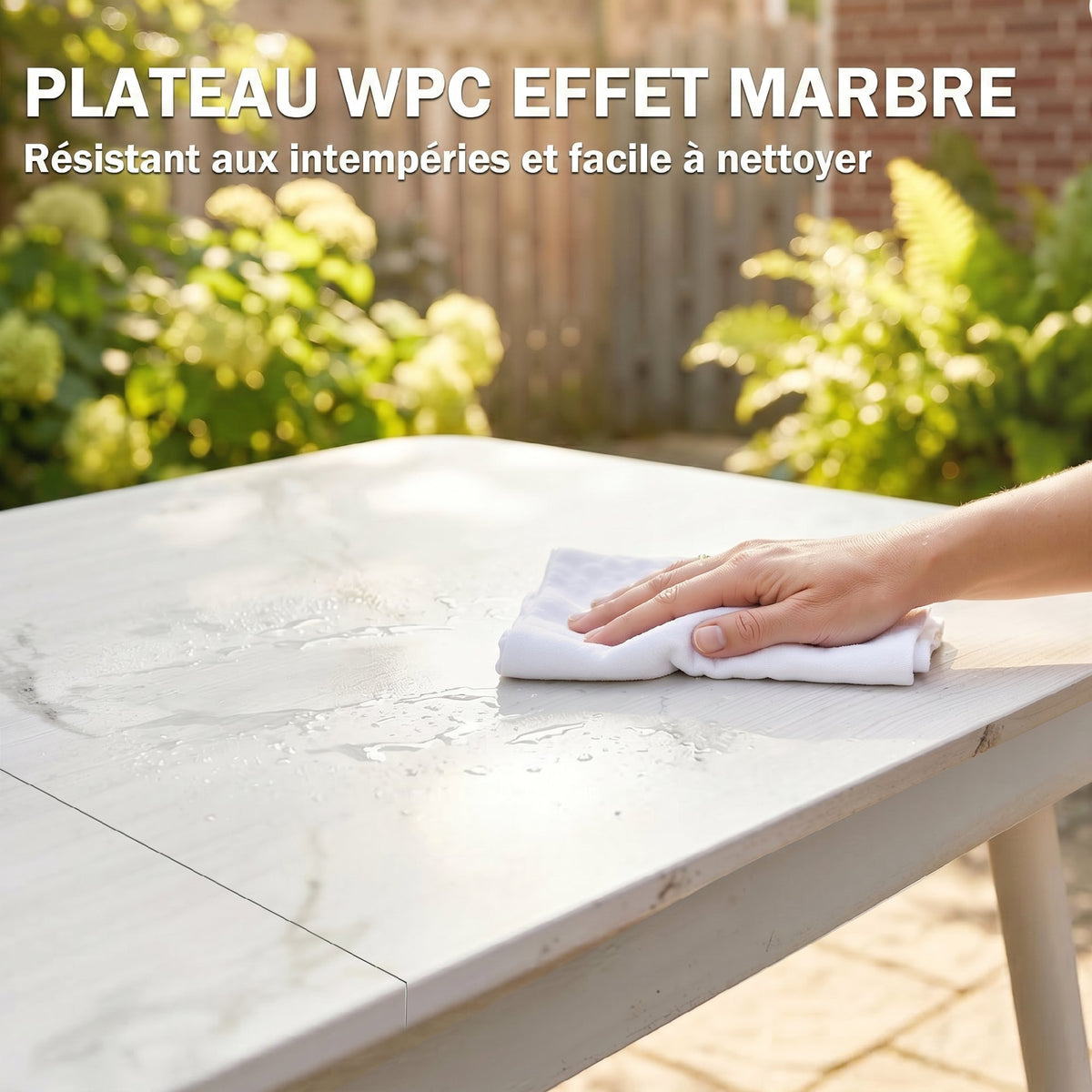 Table de Jardin Rectangulaire pour 4-6 Personnes, Plateau en WPC et Cadre en Métal, Pieds Réglables, 140x80x75cm, Blanc-4