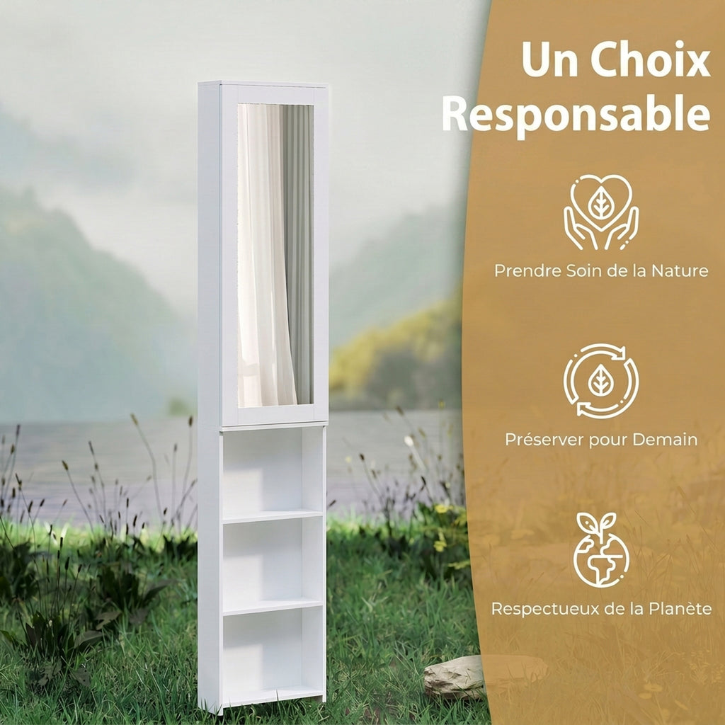 Armoire de Planche à Repasser Pliable avec Miroir, Armoire de Rangement avec 6 Compartiments, 2 Crochets, Blanc-7
