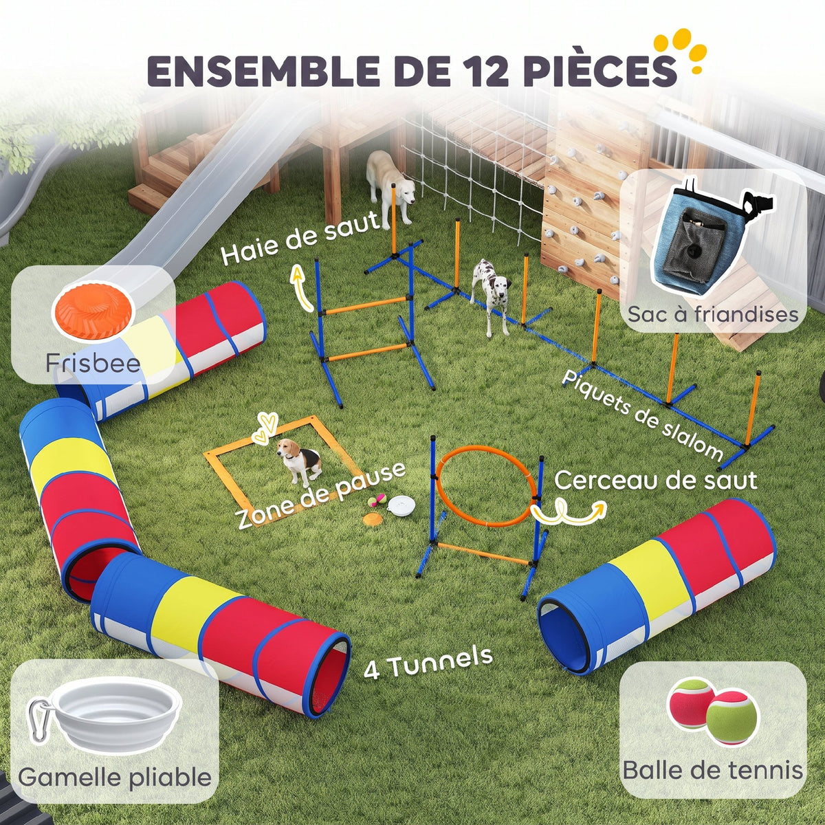 Équipement d'Agilité pour Chien 12 Pièces, 4 Tunnels, Sauts Ajustables, Anneau, Slaloms, 357x65x68cm, Multicolore-3