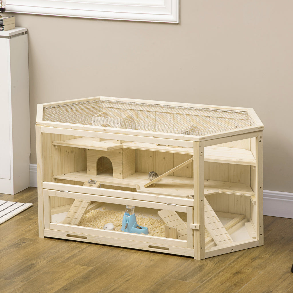Cage à hamster à 3 niveaux bascules, fenêtres, cabanes, plateau coulissant, 115 x 60 x 55 cm, effet bois naturel-9