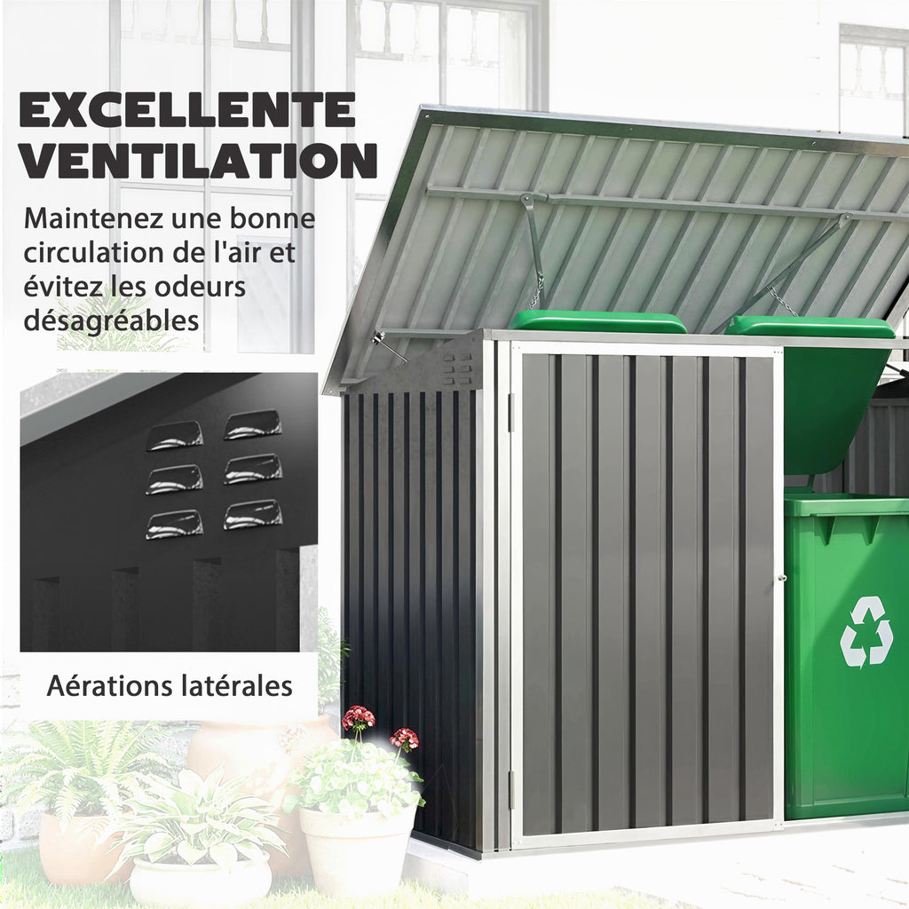 Cache Poubelle Double Abri de Jardin 2 Poubelles de 240L Couvercle Lié par Chaînes Vérins à Gaz 179,5x108x129,5cm Gris-5