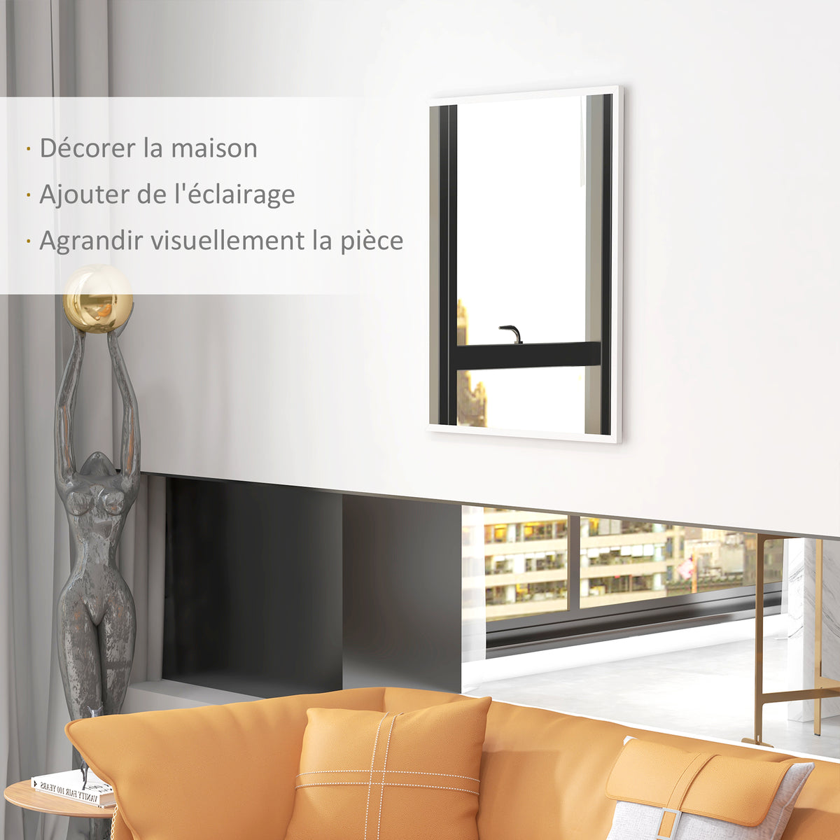 Miroir mural rectangulaire 90 x 70 cm, cadre en bois blanc, idéal pour la salle de bain, salon ou chambre-3