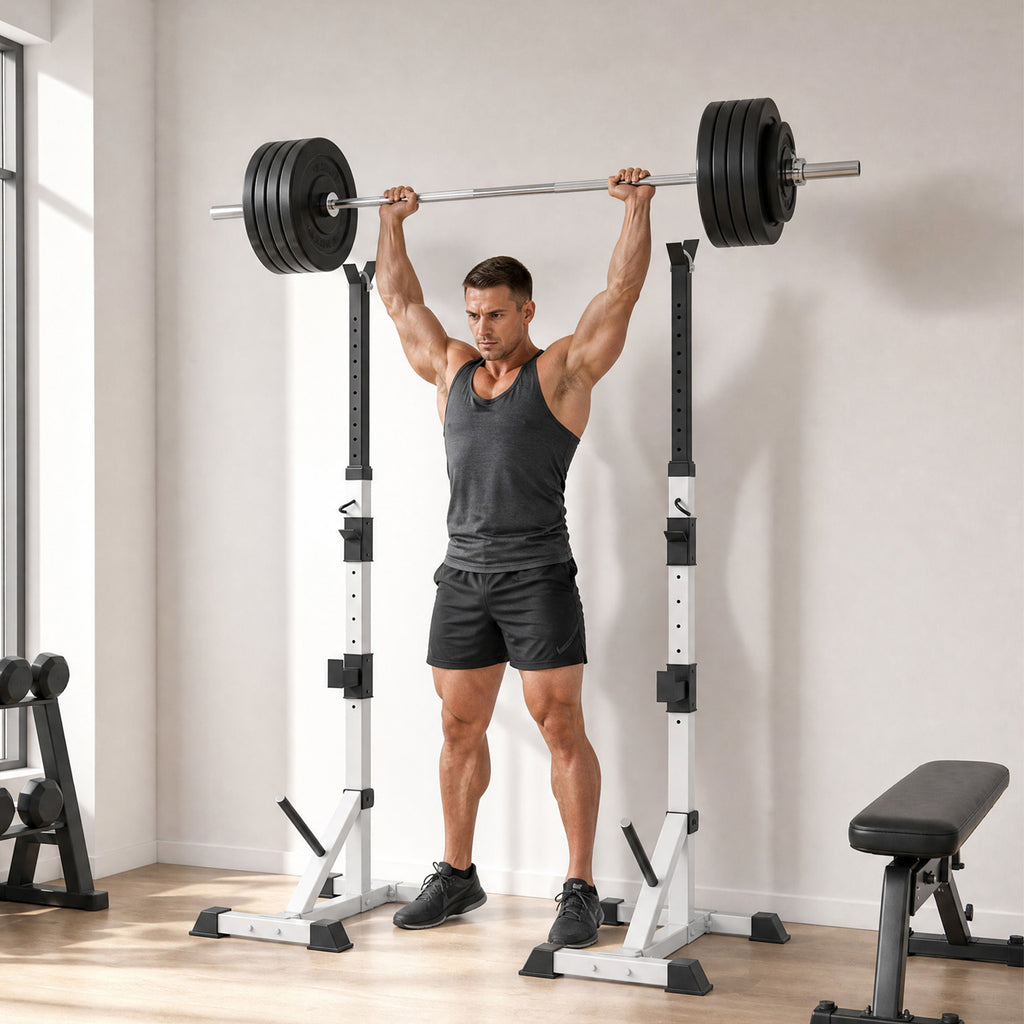 Squat Rack Réglable en Acier, Charge 200 kg, Support pour 3 Barres d'Haltères avec Crochets, 58,5x75,5x136-176cm, Argent-7