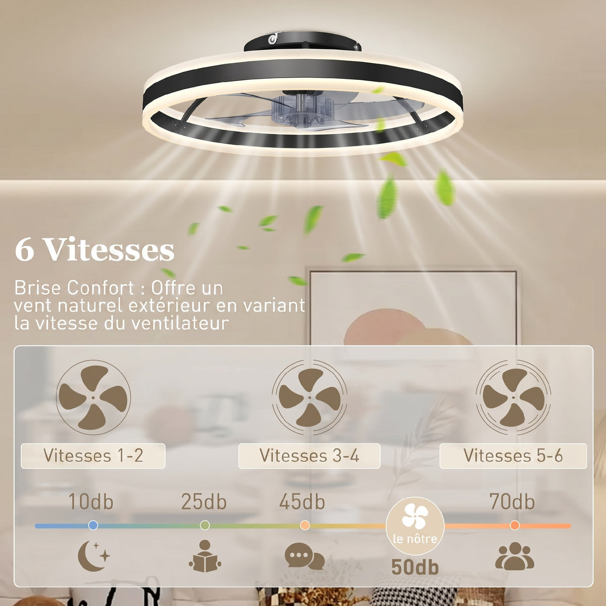 Ventilateur de plafond avec lumière et télécommande, plafonnier ventilateur 50 cm avec 6 vitesses, noir-4