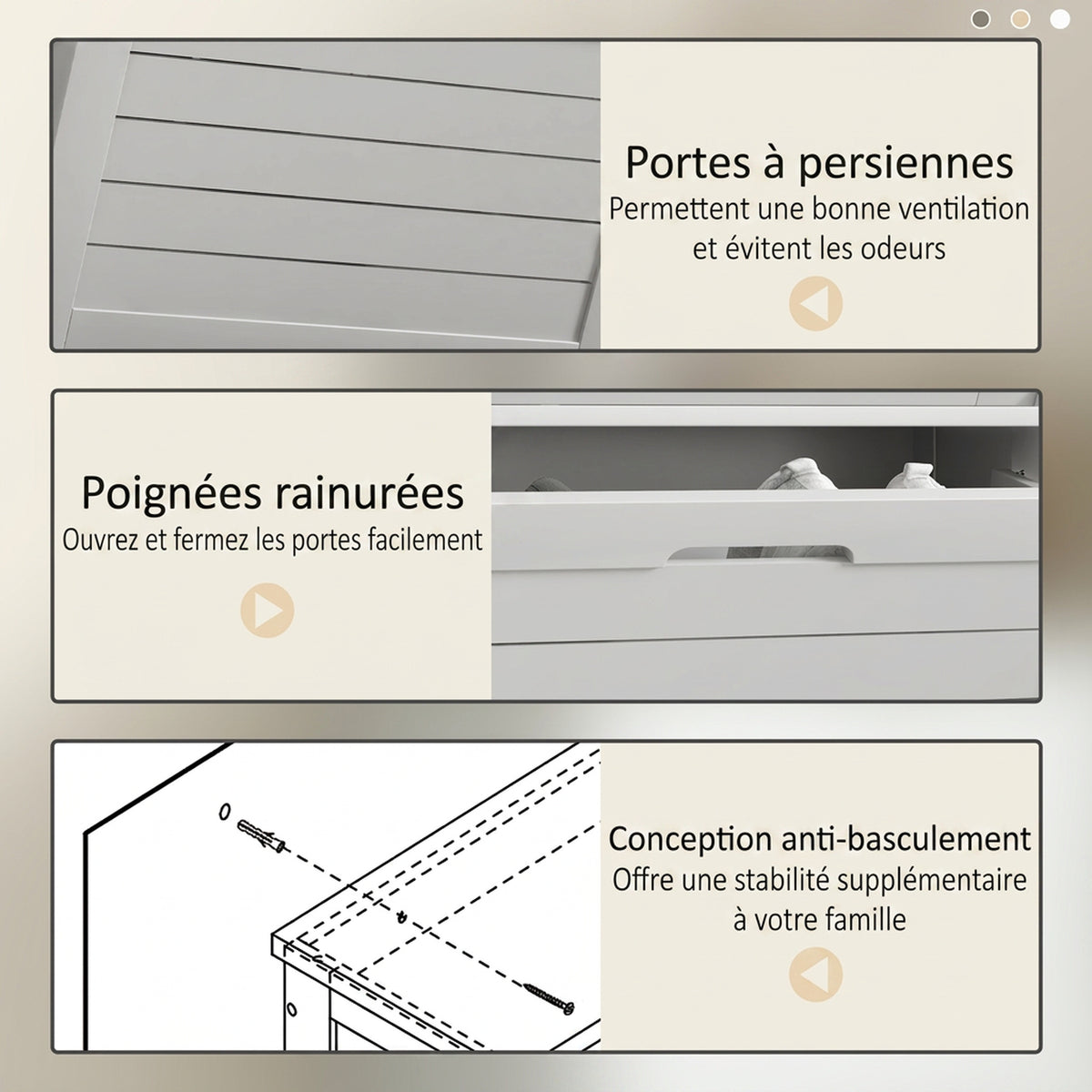 Meuble à Chaussures 6 Paires, Armoire à Chaussures Étroite Moderne, 3 Tiroirs Rabattables et Portes Persiennes, Blanc-4