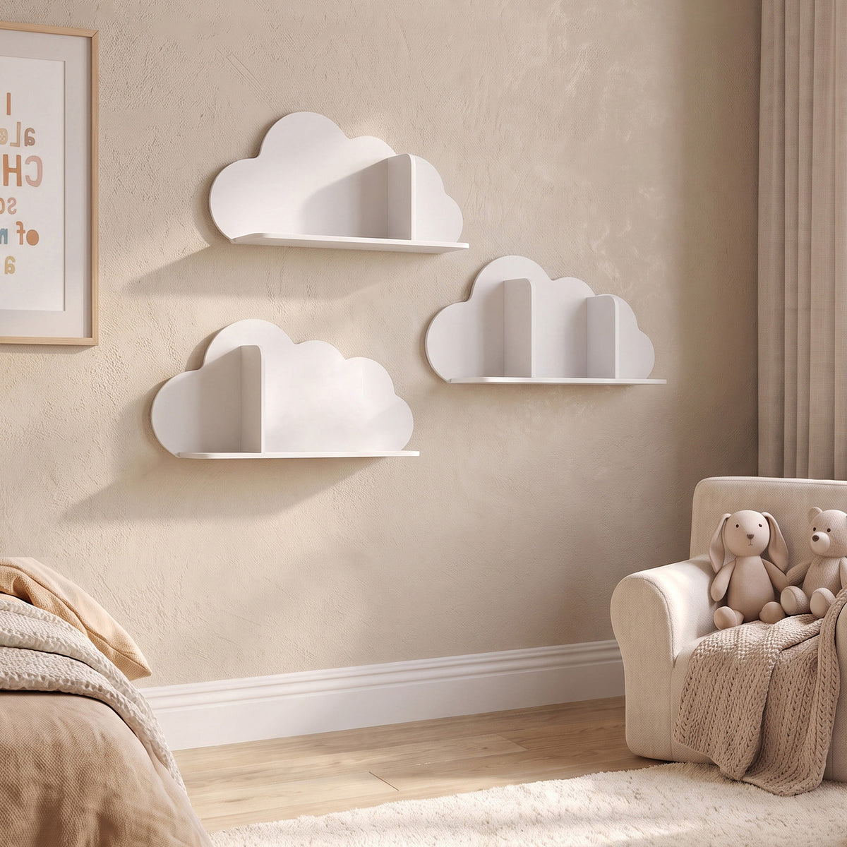 Lot de 3 Étagères à Livres Murales pour Enfant, Forme Nuage, Bibliothèque pour Enfants 3-8 ans, Blanc-1