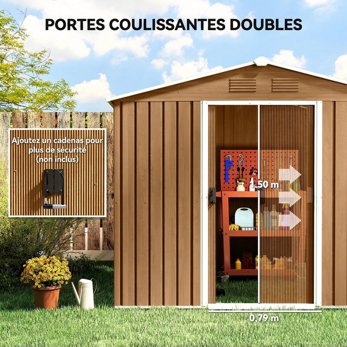 Abri de Jardin en Acier 3,6 m² Toit Incliné 4 Aérations Portes Coulissantes Verrouillables 236x171x191cm, Marron Foncé-4