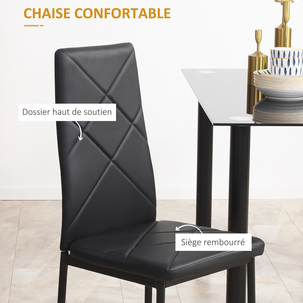 Ensemble de table à manger avec 4 chaises plateau en verre trempé, pieds en acier, pour cuisine salon noir-4