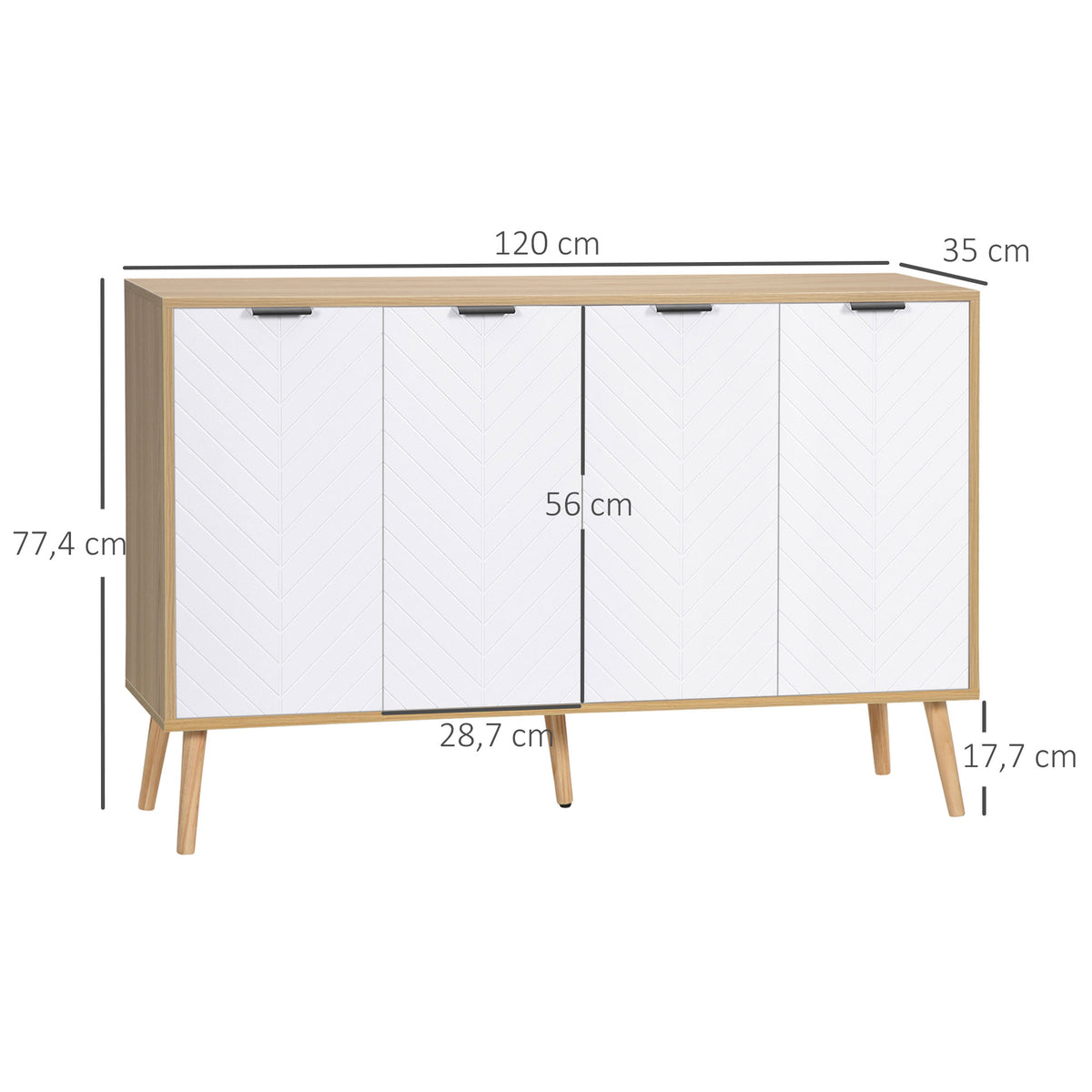 Buffet bas meuble de rangement 2 placards 4 portes motif chevrons étagères réglables 120 x 35 x 77,4 cm blanc-2