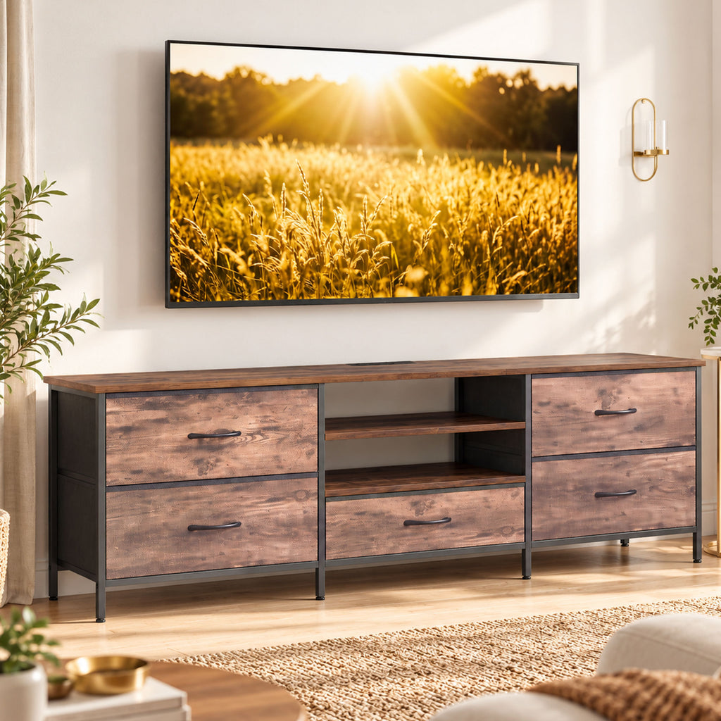 Meuble TV 160 cm, Meuble Télé 70 Pouces, Station de Charge, 5 Tiroirs en Tissu, Étagères Ouvertes, Brun Rustique-1