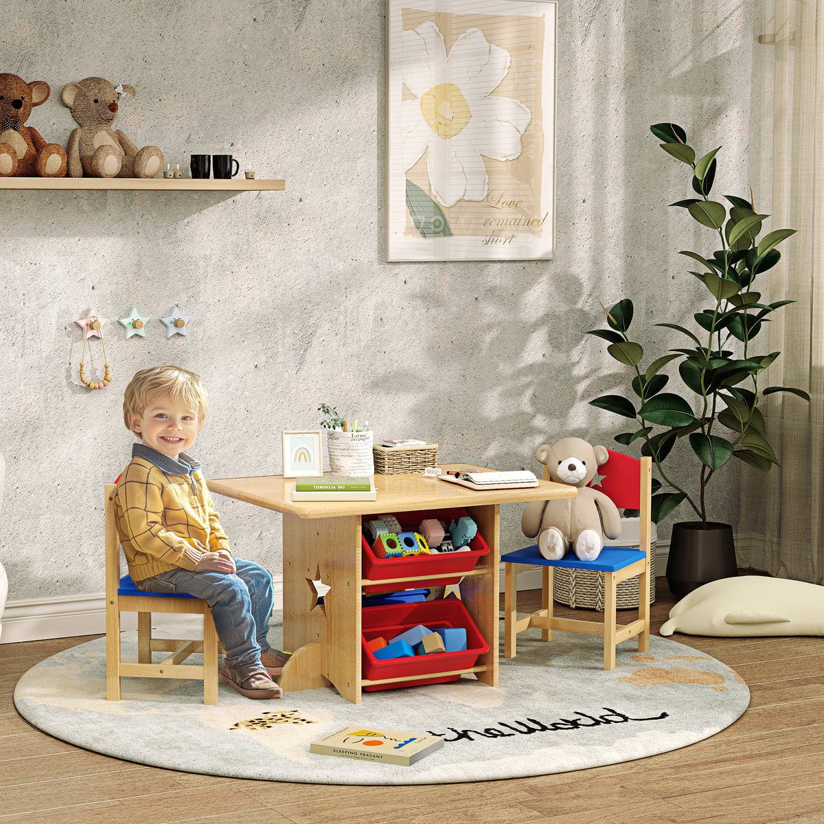 Table enfant avec 2 chaises ensemble table et chaises enfants 3 pièces en bois avec 4 bacs de rangement bois naturel-1