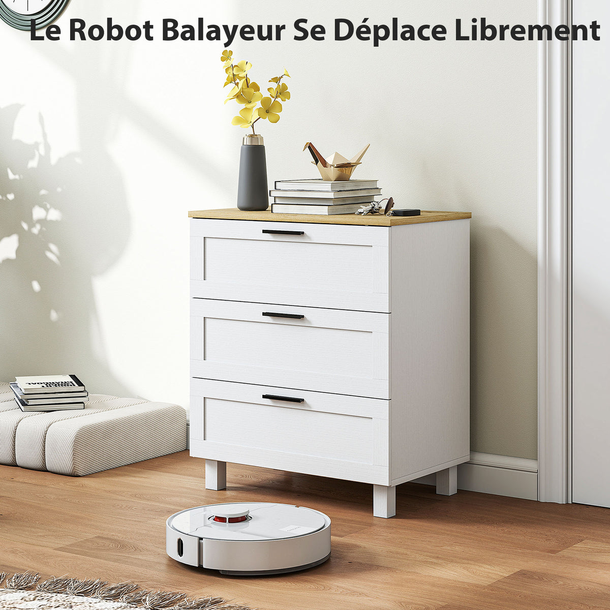 Commode 3 tiroirs meuble de rangement style moderne pieds en bois massif et plateau effet bois, 60 x 38 x 71 cm, blanc-4