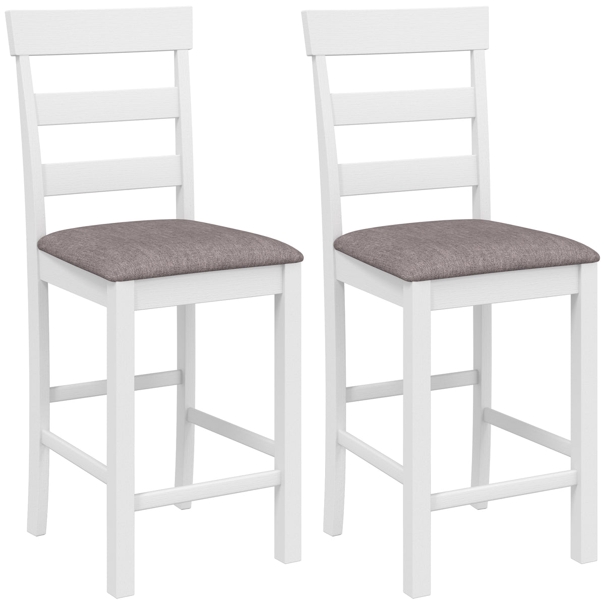 Lot de 2 Tabourets de Bar, Chaises de Bar en Bois Massif avec Assise Rembourrée en Lin et Dossier, Blanc et Marron-0