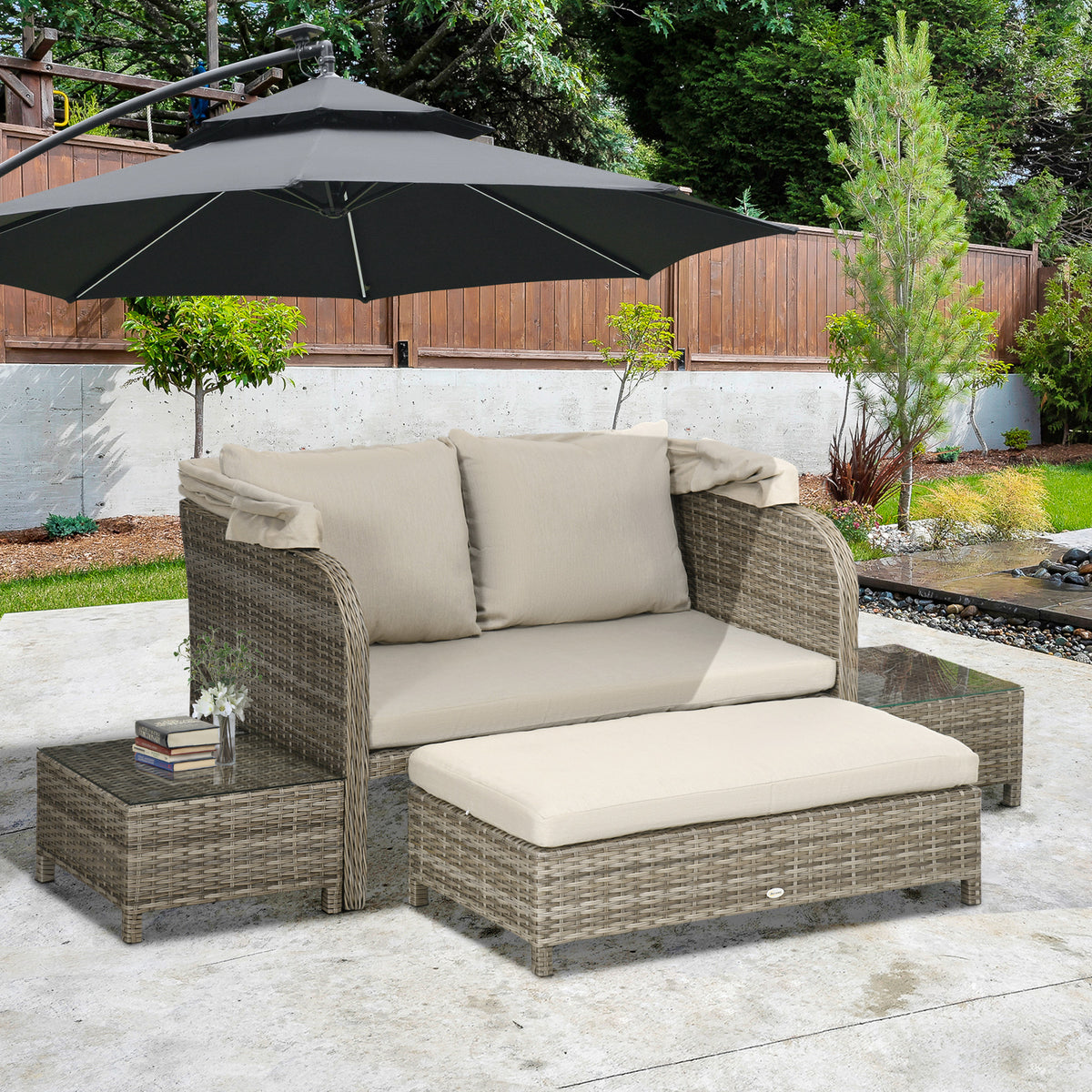 Ensemble salon de jardin 4 pièces canapé 2 places + 1 repose-pieds + 2 table basse avec coussins beige marron-9