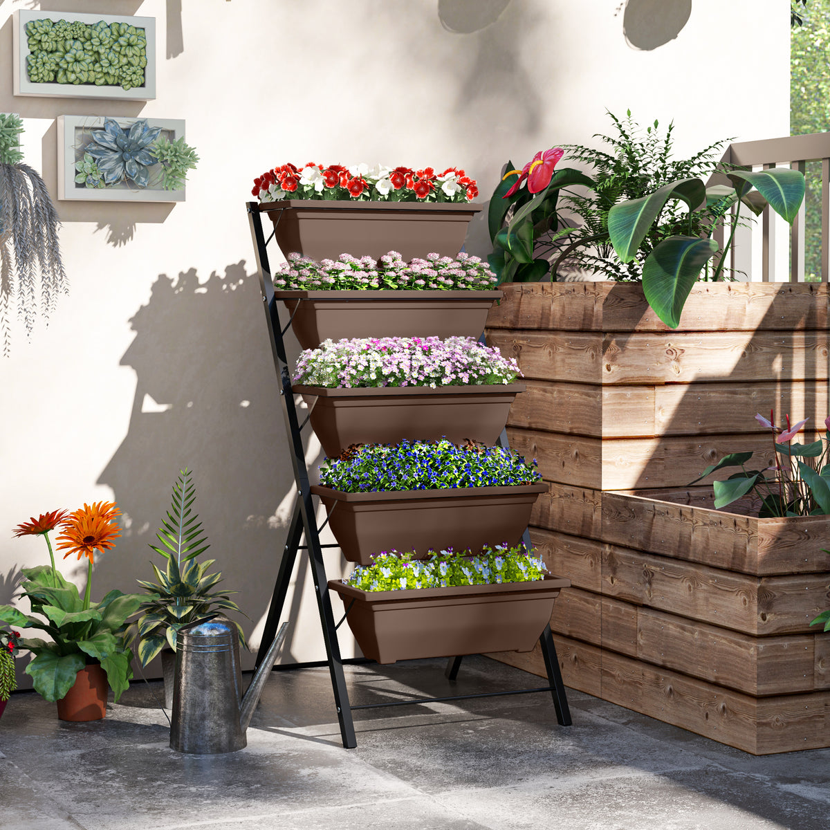 Jardinière surélevée avec étages jardinière verticale avec 5 bacs à fleurs trous de drainage cadre en acier marron-9