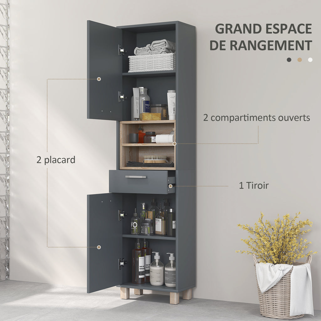 Colonne salle de bain, meuble salle de bain rangement avec 2 placards, tiroir et 2 compartiments ouverts, gris-3