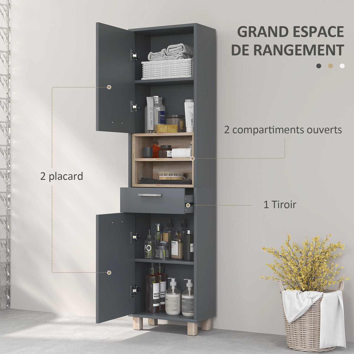Colonne salle de bain, meuble salle de bain rangement avec 2 placards, tiroir et 2 compartiments ouverts, gris-3