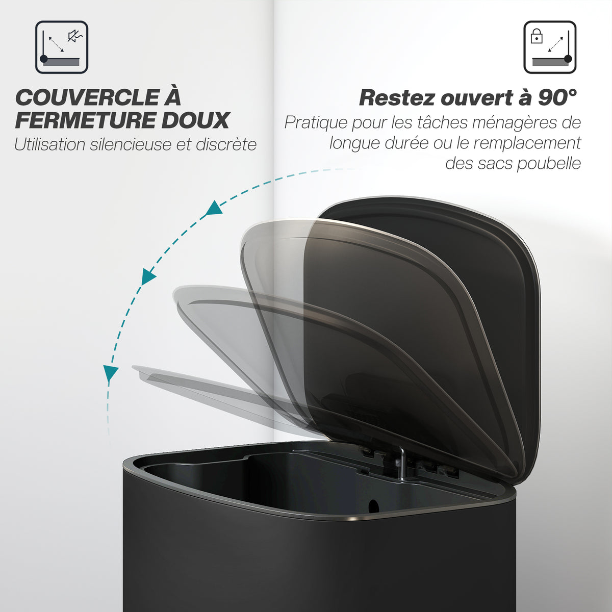 Poubelle cuisine 50L, poubelle à pédale, seau intérieur amovible, couvercle à fermeture douce, 45,1x36,5x62,6cm, noir-4
