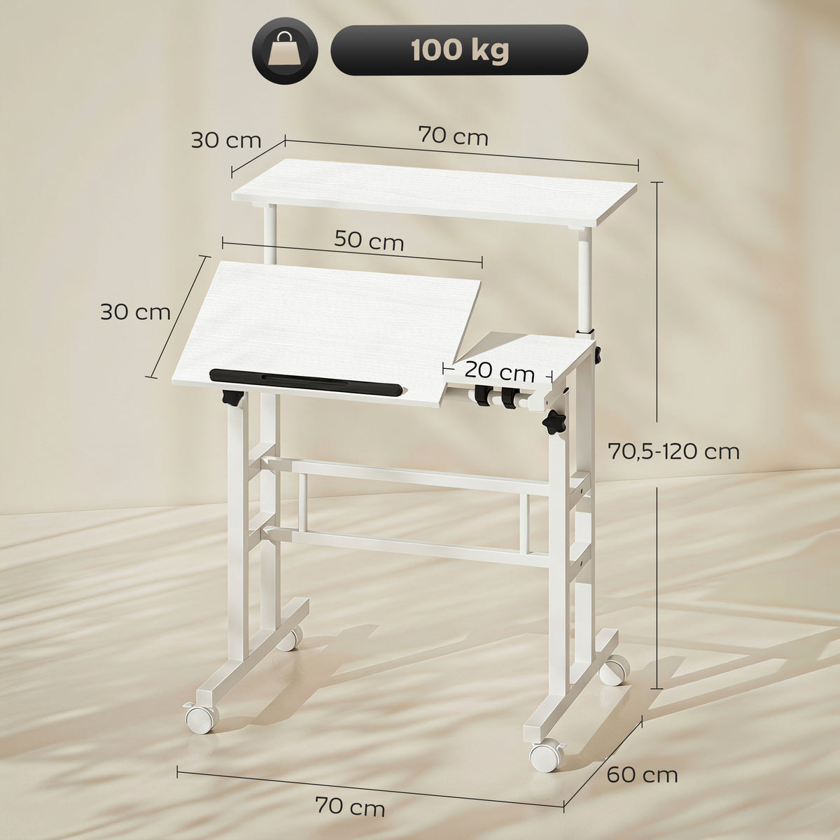 Bureau Assis-Debout, Bureau Réglable en Hauteur 70 x 60 cm, à Roulettes avec Plateau Inclinable, 70x60x70,5-120cm, Blanc-2