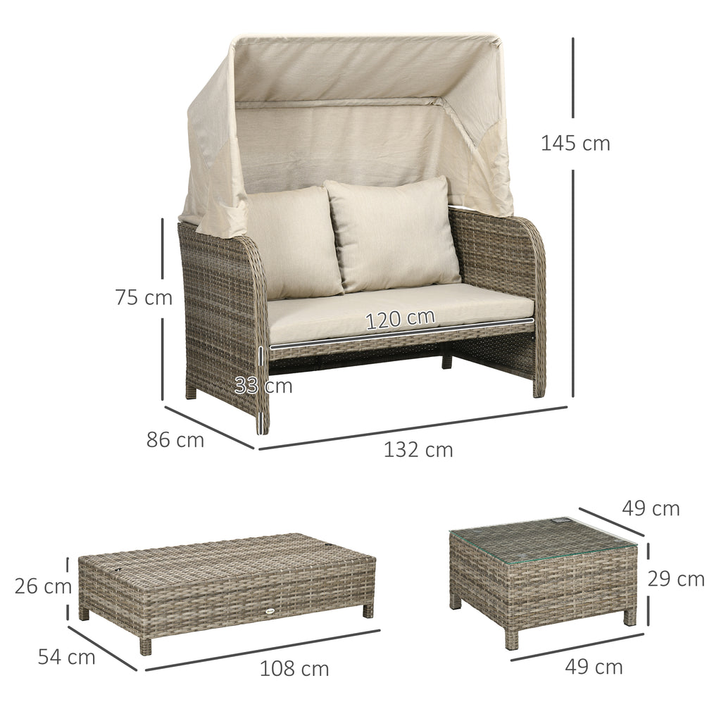 Ensemble salon de jardin 4 pièces canapé 2 places + 1 repose-pieds + 2 table basse avec coussins beige marron-2