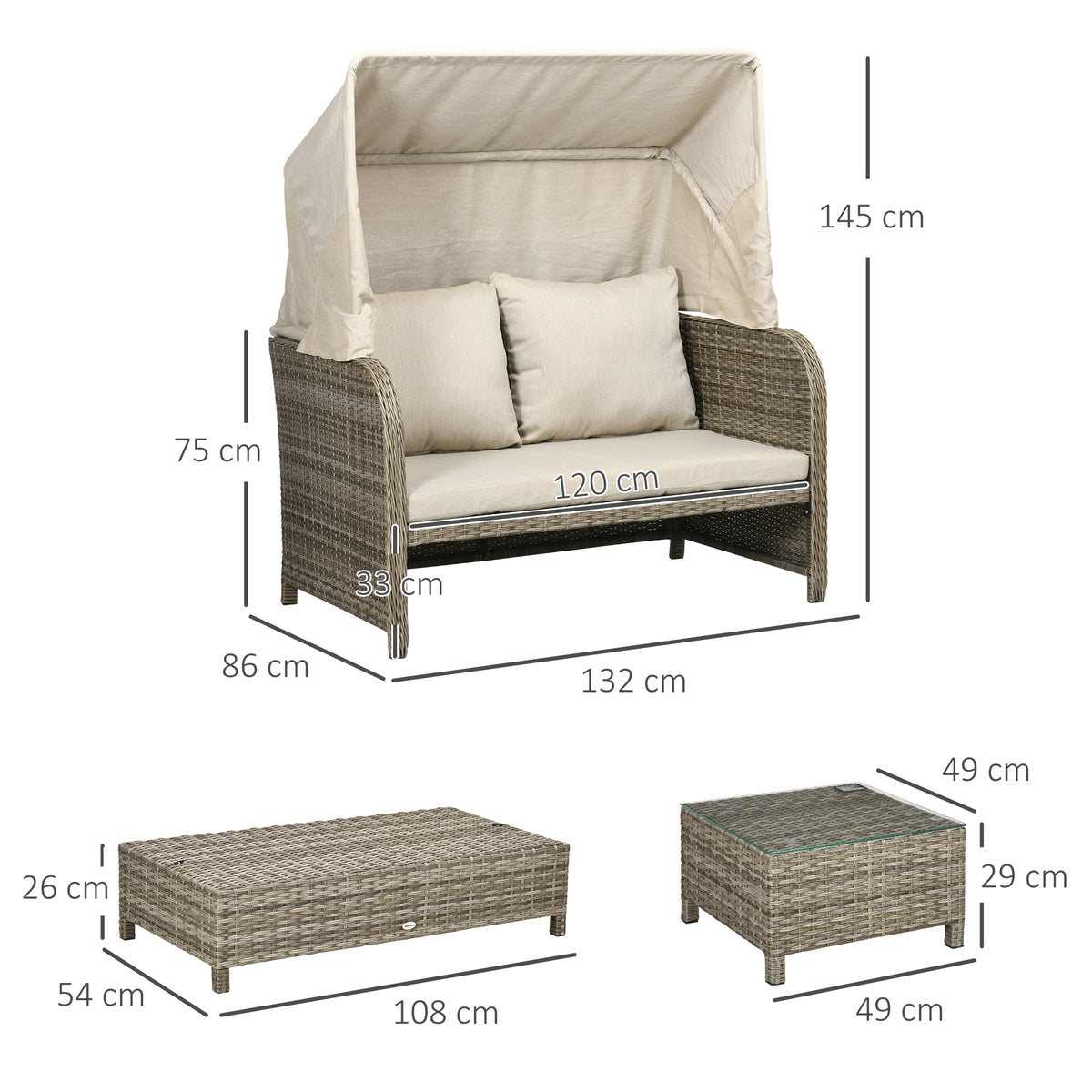 Ensemble salon de jardin 4 pièces canapé 2 places + 1 repose-pieds + 2 table basse avec coussins beige marron-2