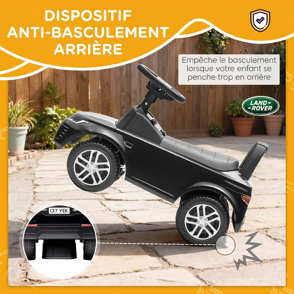 Porteur enfants voiture sous licence Land Rover, véhicule à pousser, klaxon, sons de moteur, rangement sous siège, noir-5