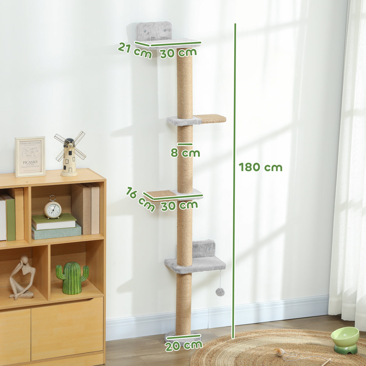 Étagères Murales pour Chat 180 cm, 4 Plateformes d'Escalade, Poteau à Griffer en Jute et Jouet Suspendu, Gris Clair-2