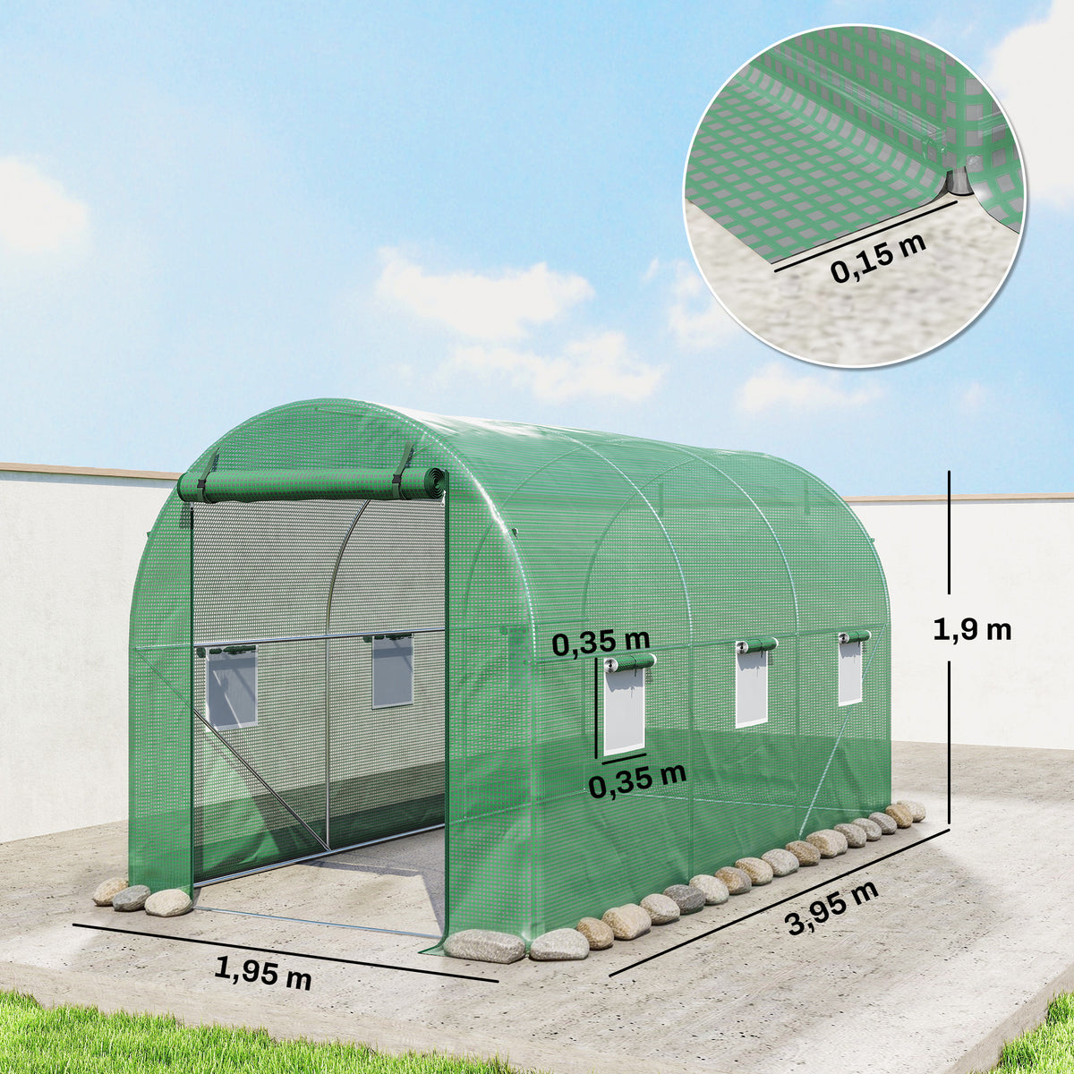 Serre de Jardin Tunnel 8 m² 4L x 2l x 1,9H m Acier galvanisé renforcé diamètre 2,4 cm + PE fenêtres Porte Vert-2