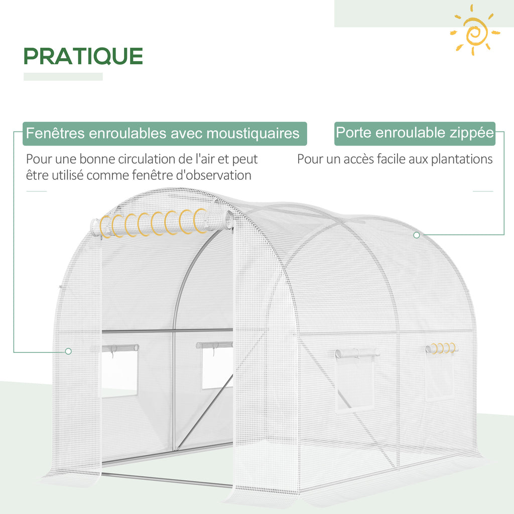 Serre de Jardin Tunnel 6 m² 3L x 2l x 1,9H m Acier galvanisé renforcé diamètre 2,4 cm + PE Haute densité fenêtres Porte Blanc-5