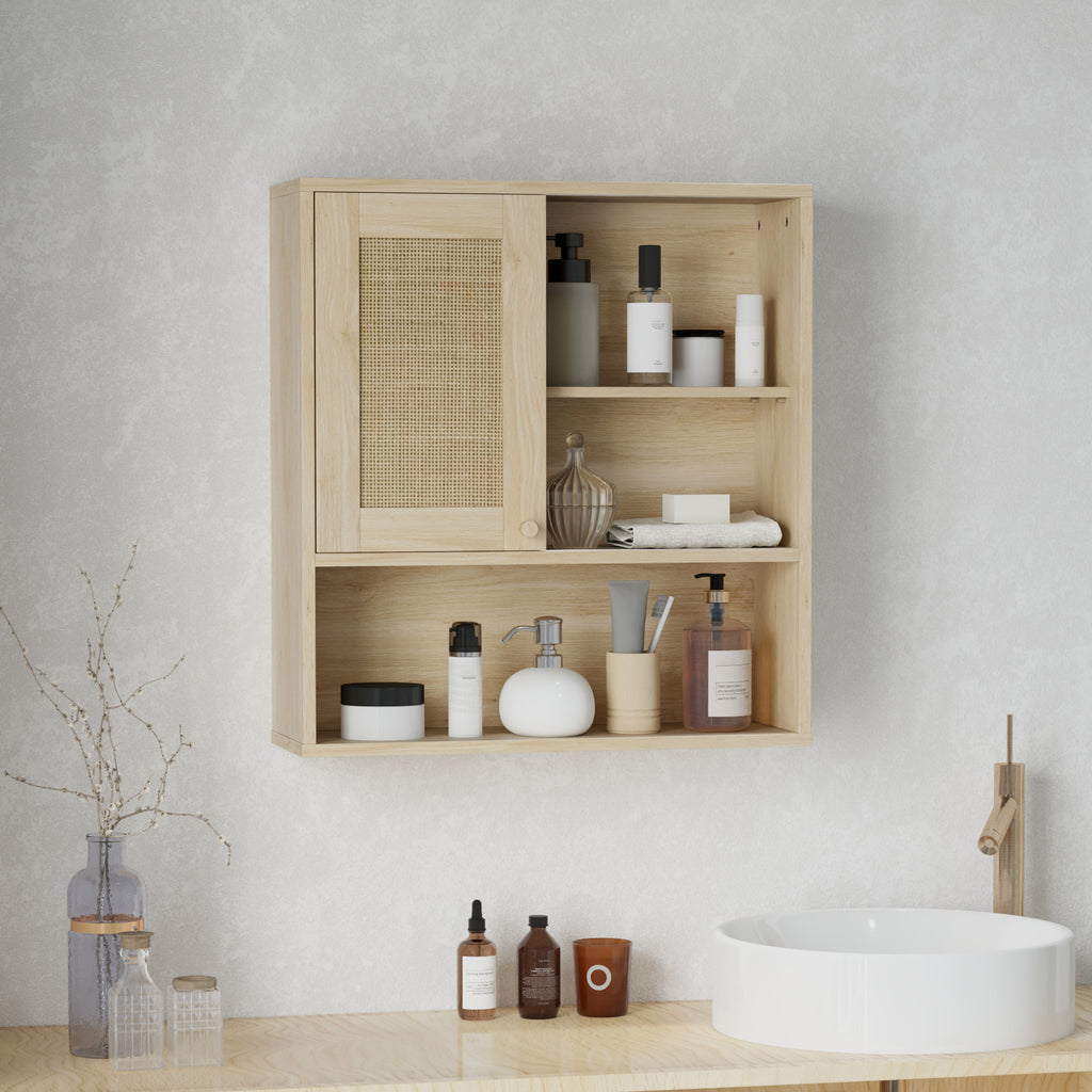 Armoire murale, meuble haut salle de bain avec porte coulissante en rotin et étagères ouvertes, bois naturel-7