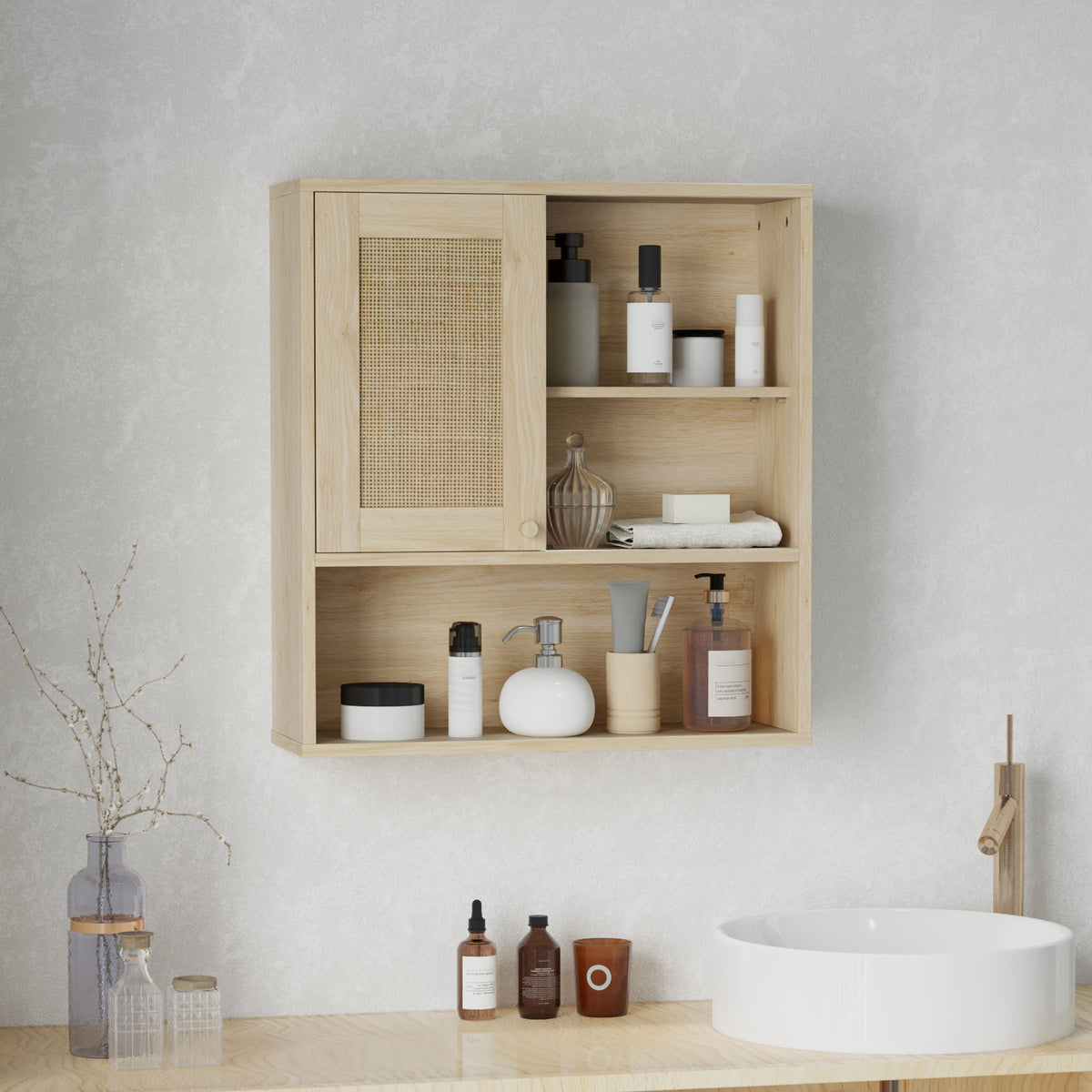Armoire murale, meuble haut salle de bain avec porte coulissante en rotin et étagères ouvertes, bois naturel-7