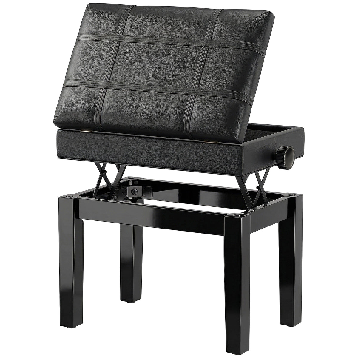 Banquette tabouret siège pour piano coffre intégré hauteur réglable bois hévéa assise revêtement synthétique noir-0