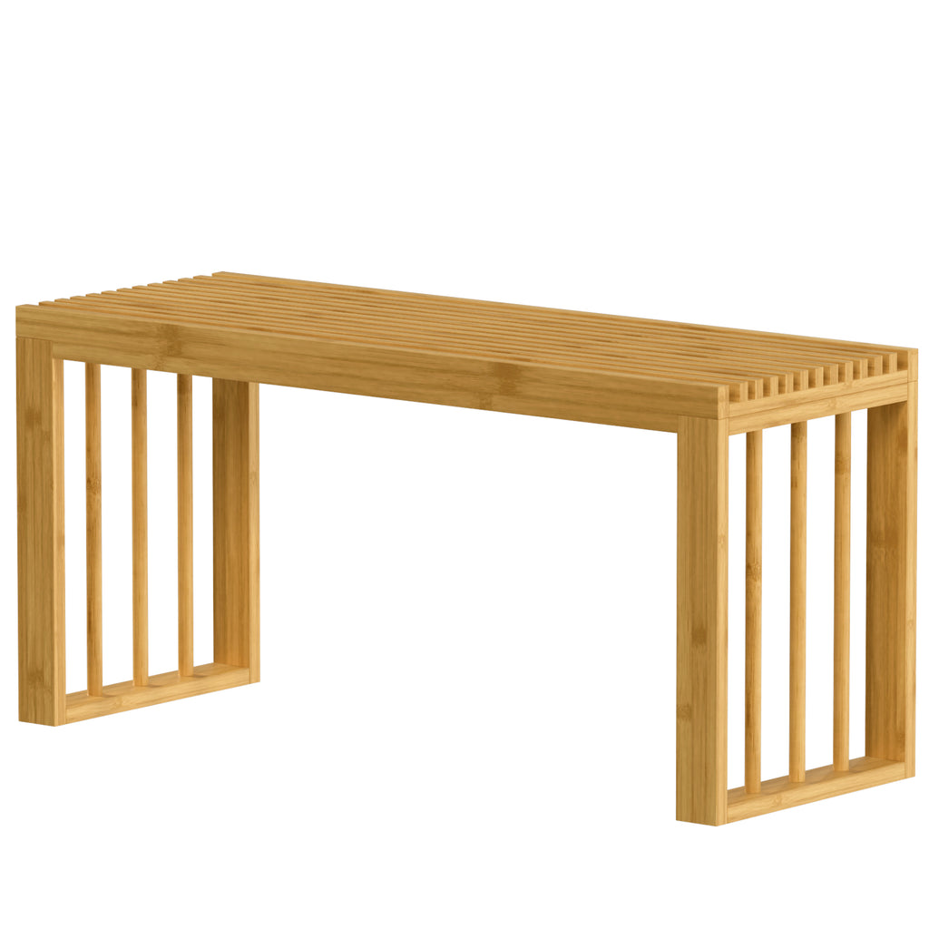 Banc à Chaussures en Bambou, Banc d'Entrée Sans Dossier, Assise en Bois Ajourée, 90 x 33 x 43 cm, Bois Naturel-0