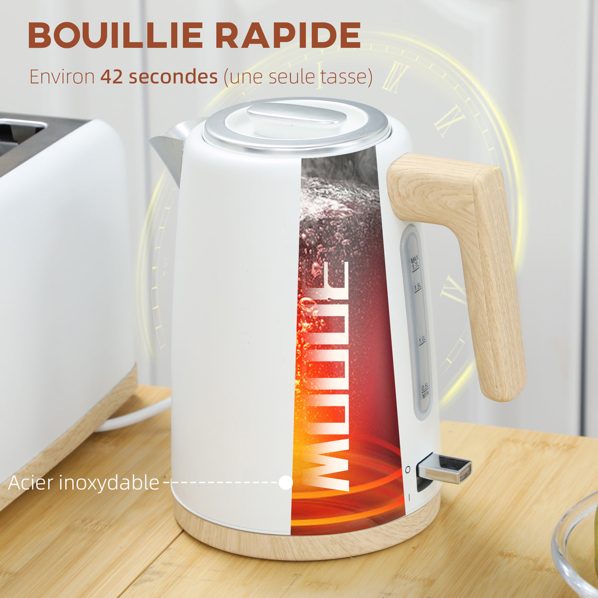 Ensemble bouilloire et grille-pain, 1,7L, 2200W, grille-pain 2 tranches avec 7 niveaux de brunissage, blanc-3