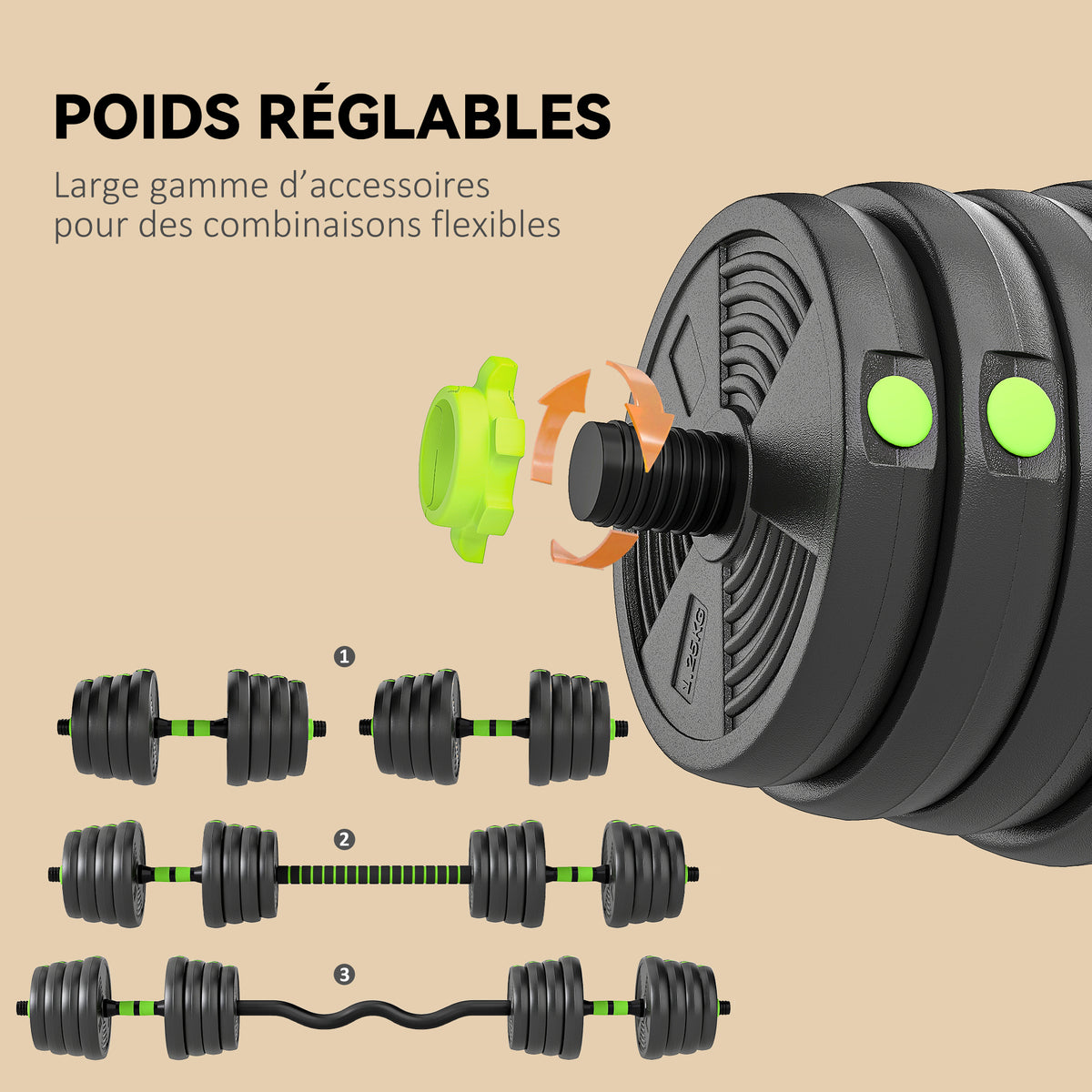 Kit haltères musculation haltères réglables 30 kg 3 en 1, ensemble de poids réglable avec barre d'extension noir-4