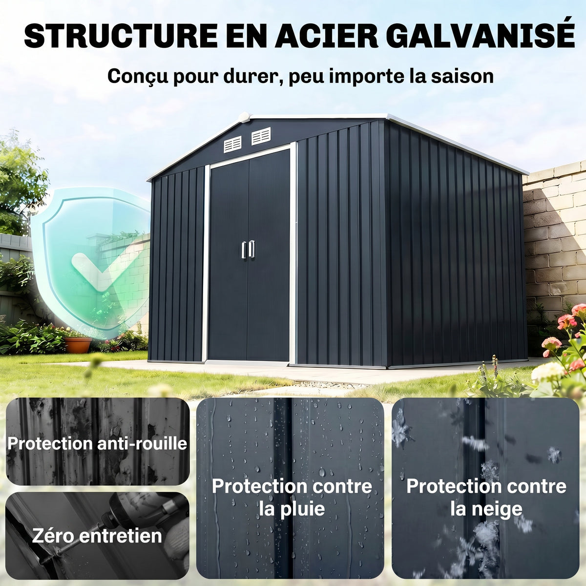 Abri de jardin 5,4 m² 2,77 x 1,95 x 1,92 m kit de fondation porte coulissante ventilations acier galvanisé, gris foncé-3