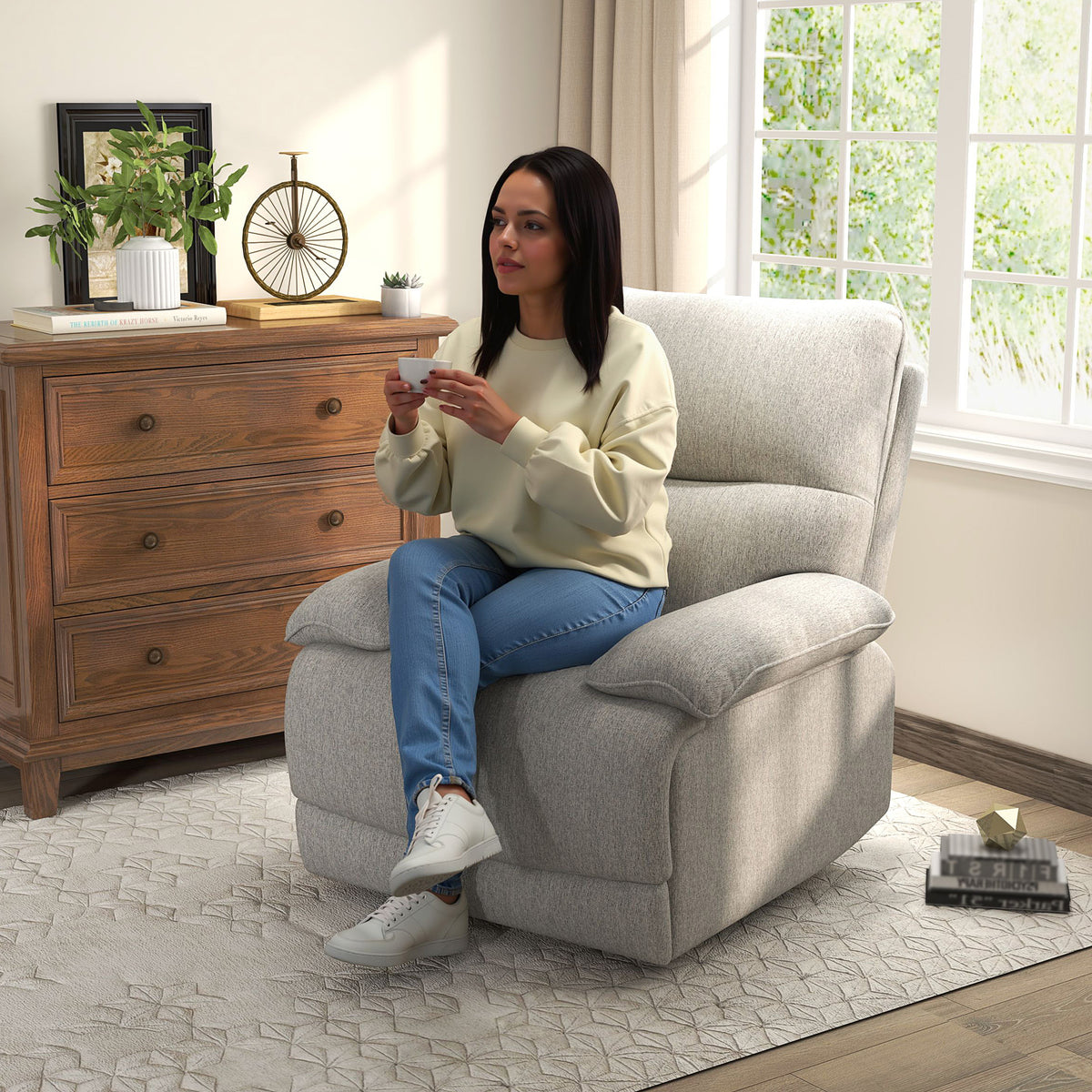 Fauteuil de relaxation inclinable manuellement avec repose-pied ajustable tissu aspect lin gris clair-1
