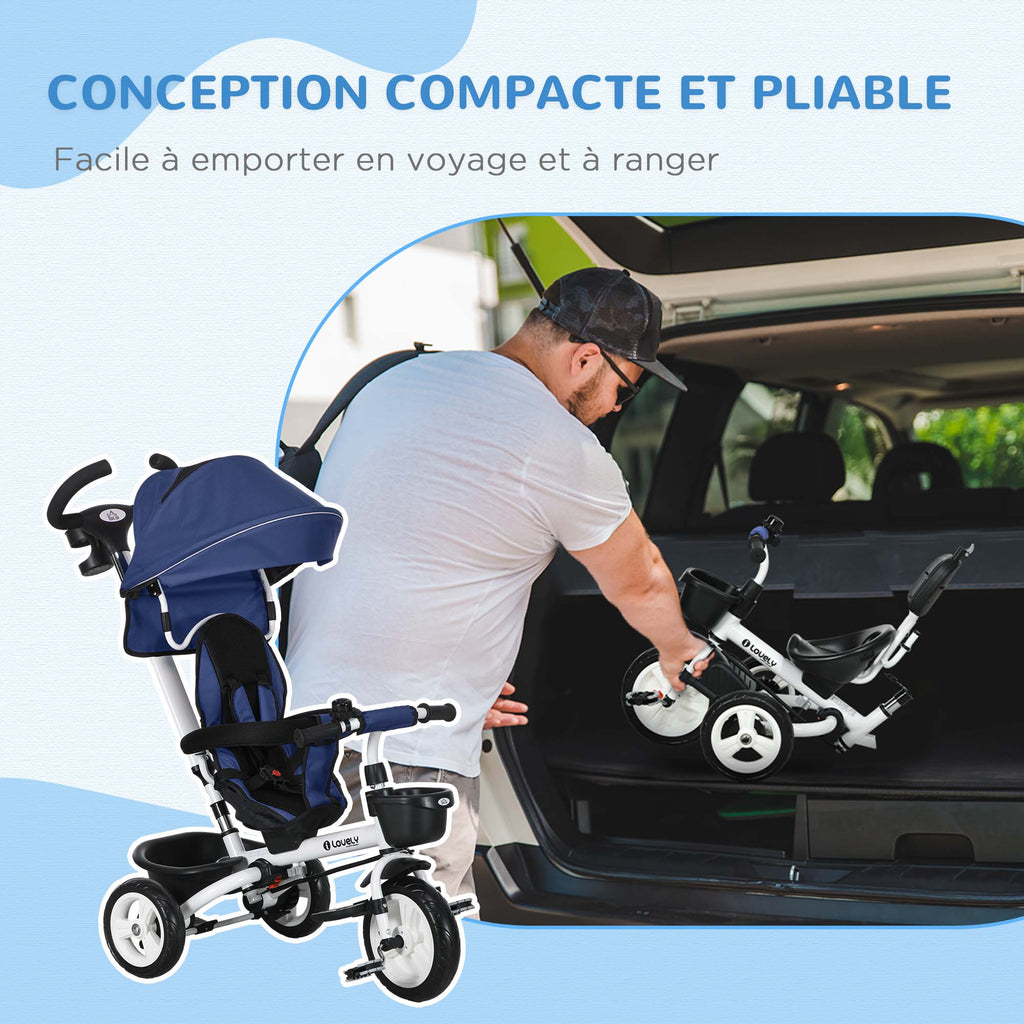 Tricycle 6 en 1 pour enfants, poignée de poussée, siège réversible, panier, auvent, ceinture de sécurité, 1-5 ans, bleu-4