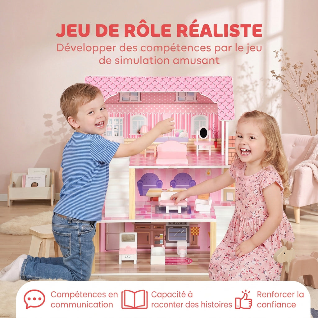 Maison de Poupée en Bois pour Enfants, Maison de Rêve Filles à 3 Étages avec Balcon, Escaliers et 10 Accessoires, Rose-5