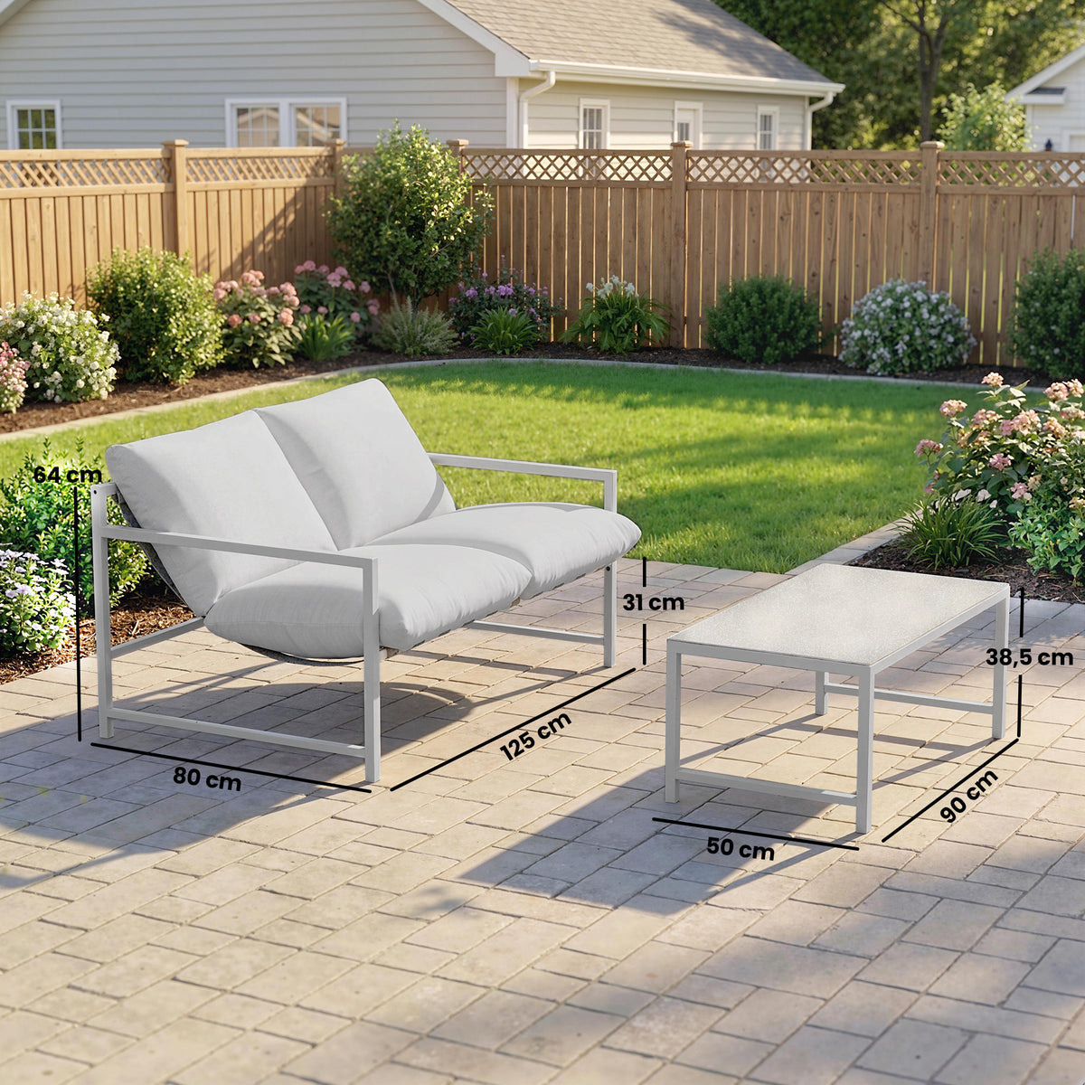 Salon de Jardin Extérieur 2 Pièces, Canapé avec Coussins, Table Basse en Verre Trempé Marbré 3D, 125x80x64cm, Gris Clair-2