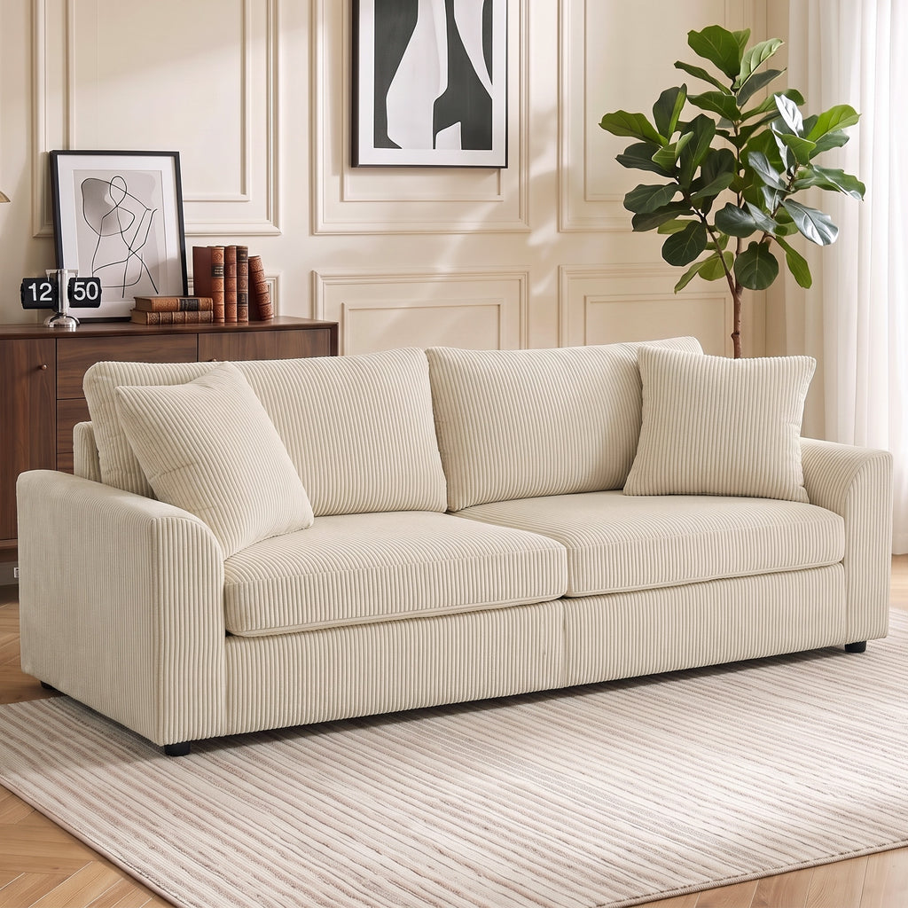 Canapé 3 places 212 cm avec 2 coussins à ressorts, tissu velours côtelé, pour salon, chambre, bureau à domicile, crème-1