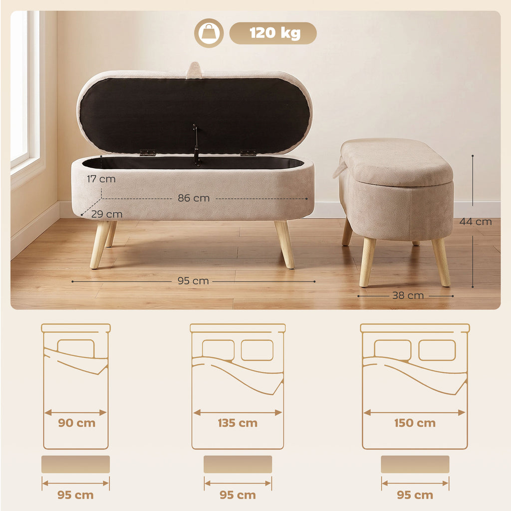 Banc Coffre de Rangement en Sherpa Moderne pour Bout de Lit avec Pieds en Bois 95cm Beige-2