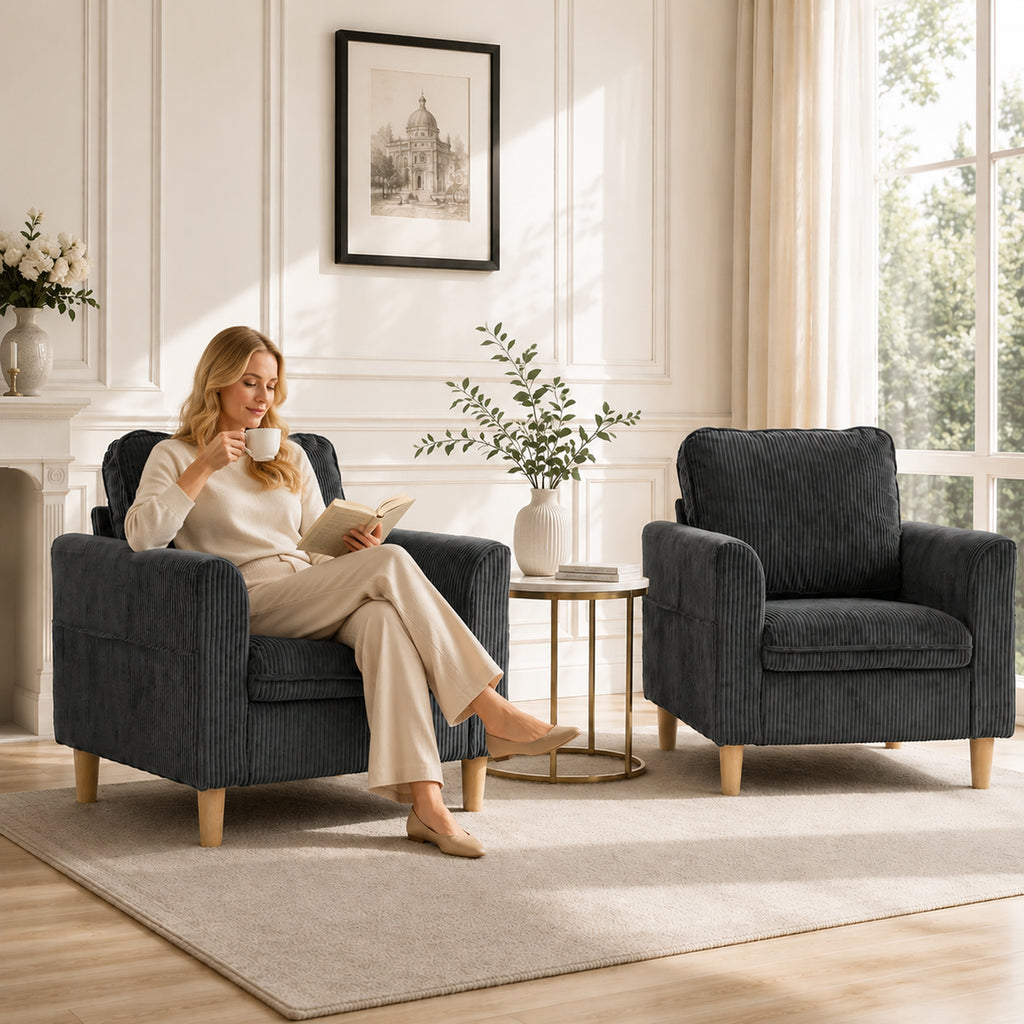 Fauteuil de salon en velours côtelé, canapé 1 place rembourré, assise large, coussin à ressorts, 83x74x87cm, Gris Foncé-7