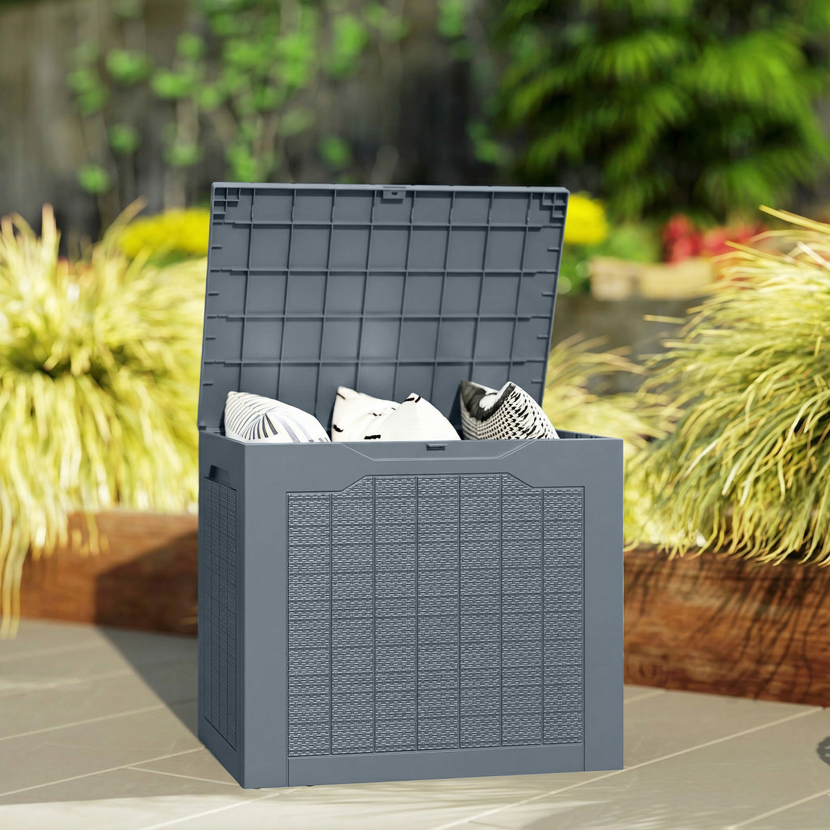 Coffre de Rangement Extérieur 97L avec Poignées Encastrées, Malle de Rangement Extérieur Étanche, 56x41x50cm, Gris Clair-9