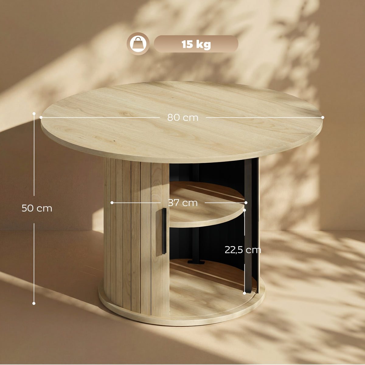 Table basse ronde, table de salon avec rangement, porte coulissante à lattes, 2 étagères, effet bois naturel-2