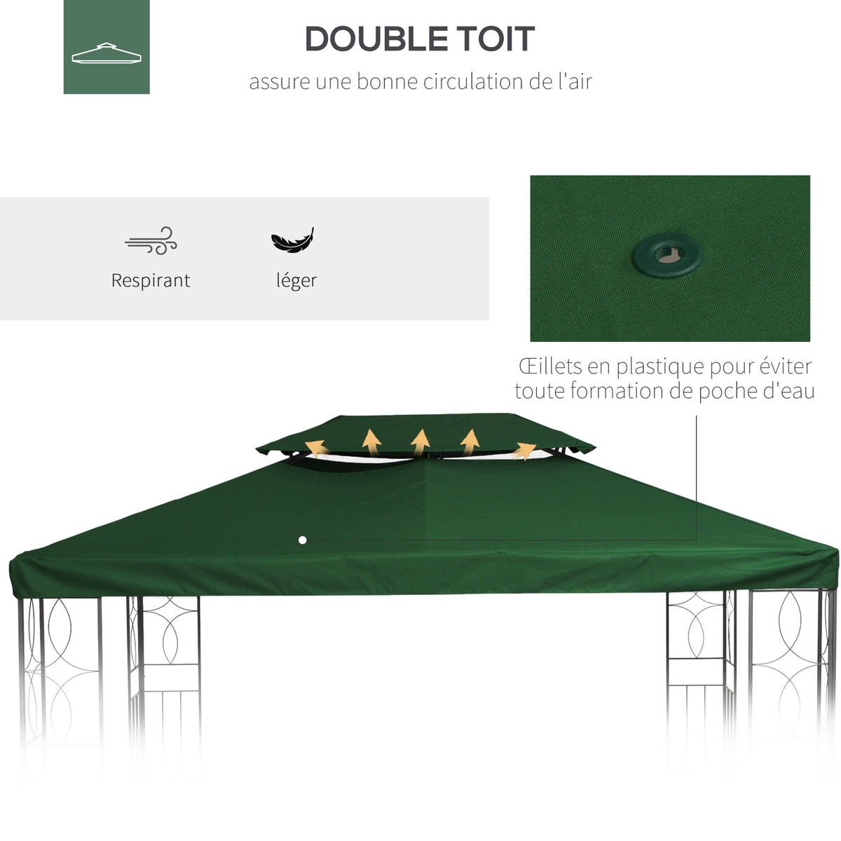 Toile de rechange pour pavillon tonnelle tente 3 x 4 m polyester haute densité 180 g/m² vert-5