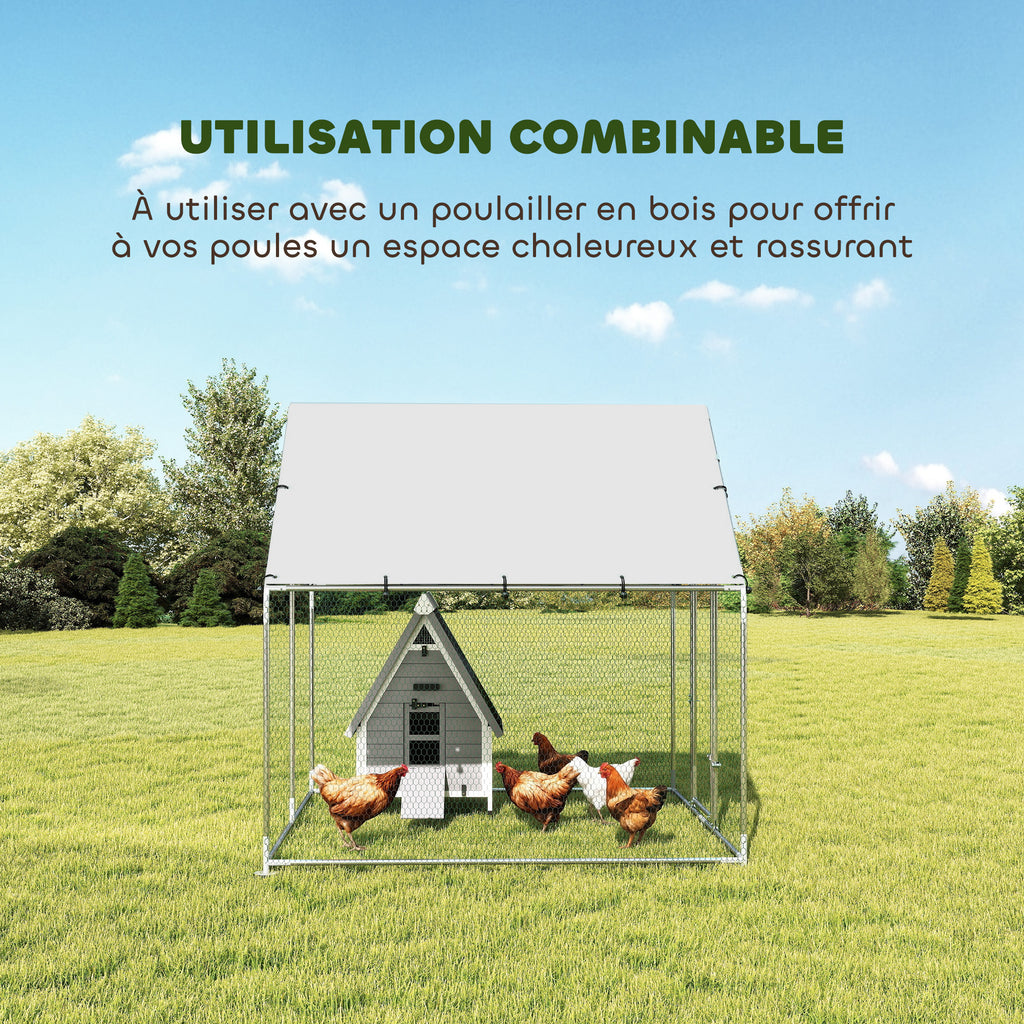 Enclos poulailler extérieur 4 m², parc grillagé - acier galvanisé Ø19mm - bâche Oxford 420D anti-UV 200x200x200cm argent-4