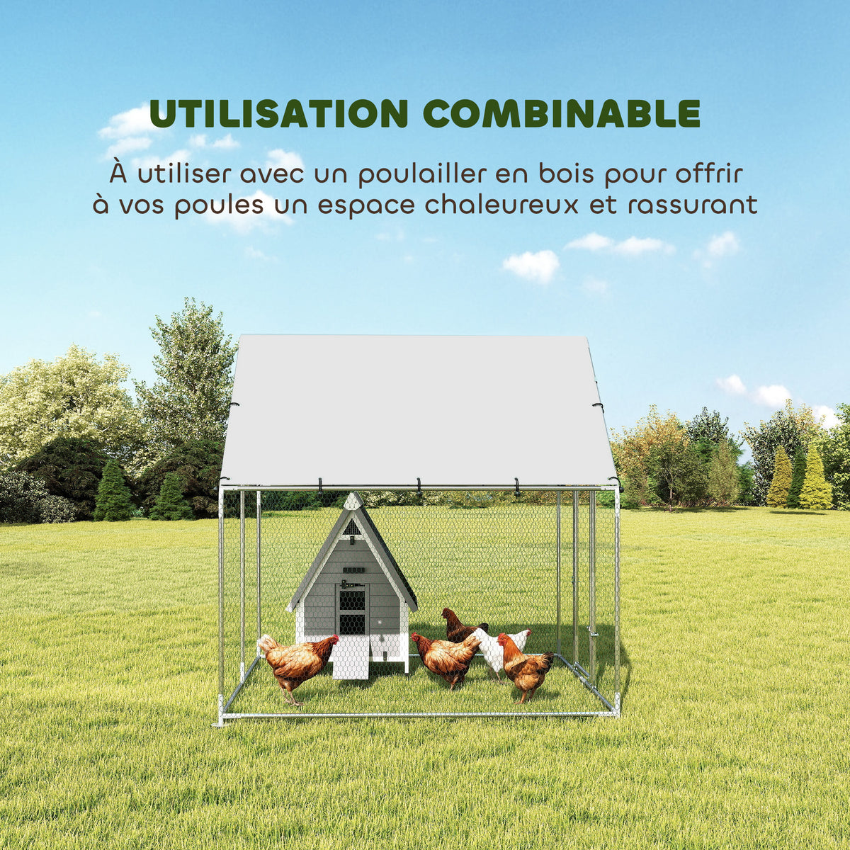 Enclos poulailler extérieur 4 m², parc grillagé - acier galvanisé Ø19mm - bâche Oxford 420D anti-UV 200x200x200cm argent-4