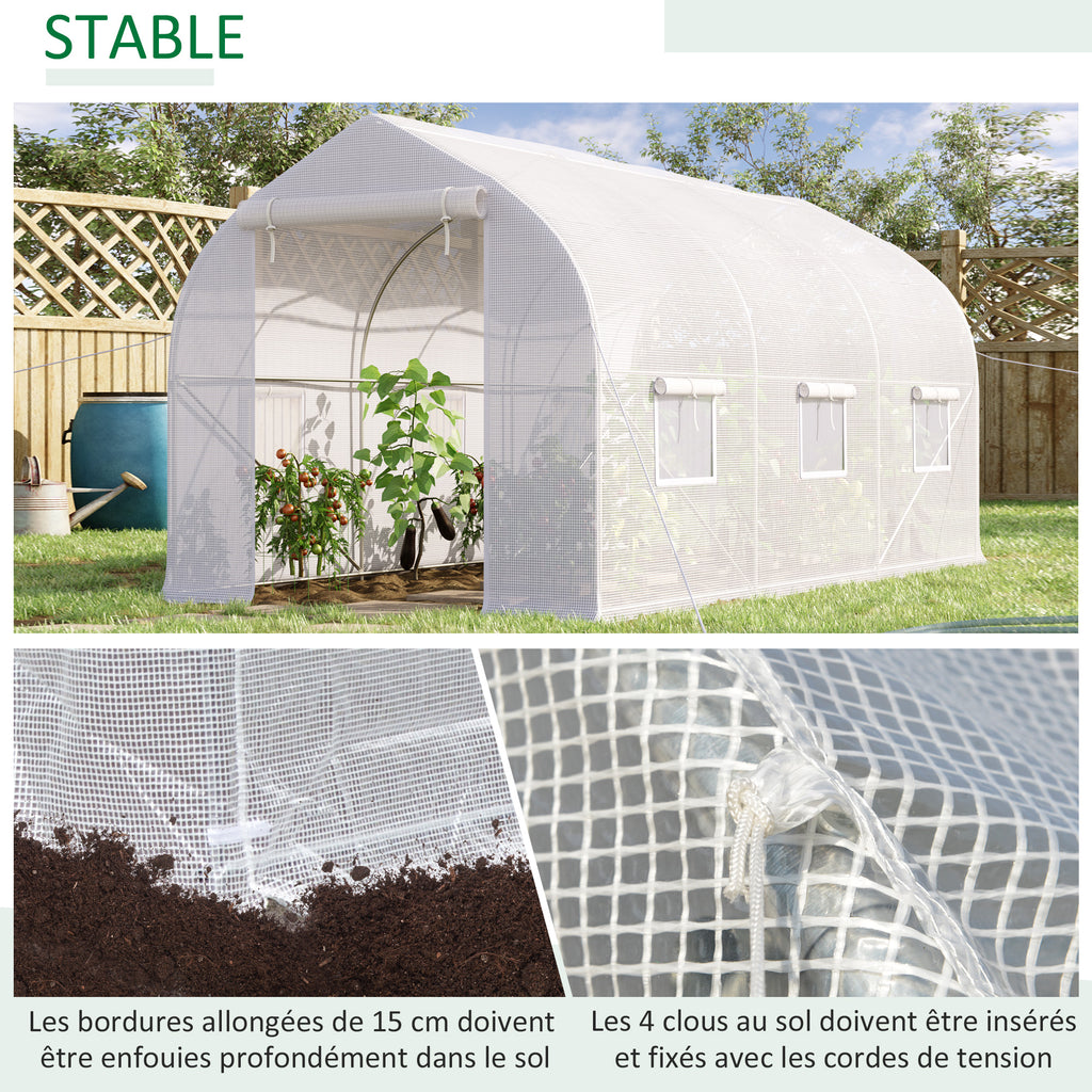 Serre tunnel de jardin 8m², serre de jardin tunnel avec 1 portes et 6 fenêtres, bâche PE 140g/m² 400x200x200cm blanc-4