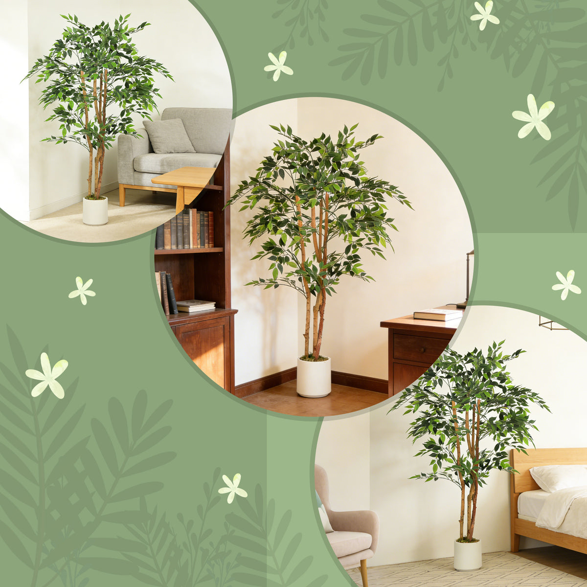 Plante artificielle intérieure 150 cm banian arbre artificiel, pot en plastique et tronc en bois massif, vert-7
